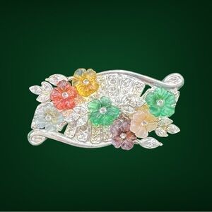 Vintage Floral Silver Brooch with Gemstones
